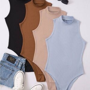 Sleeveless Bodysuit Set in Black, Brown, Beige, and Light Blue
